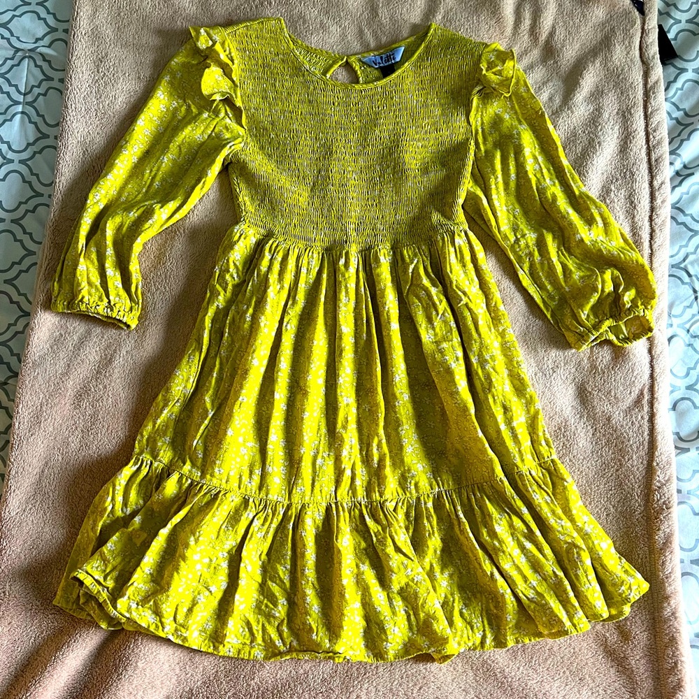 Vylette yellow floral dress with rouge top and flowy bottom.